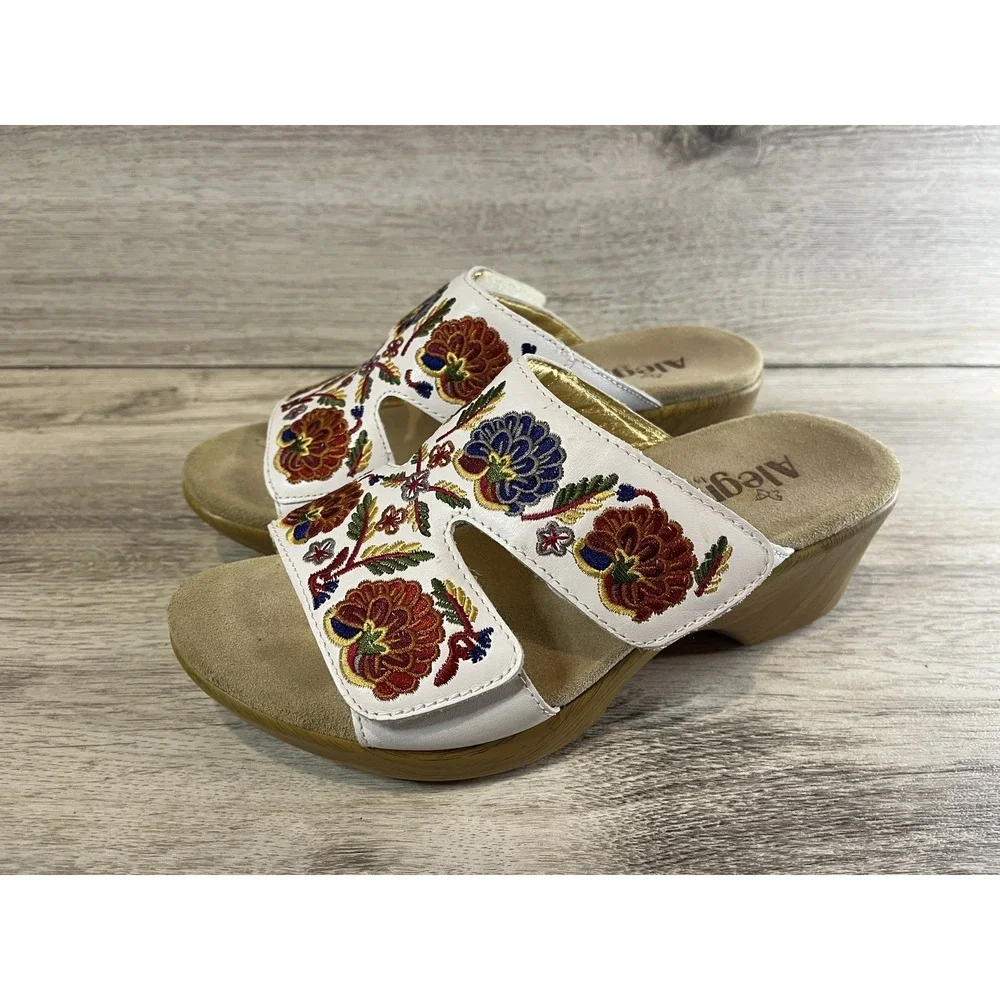 Alegria Womens Lin-600N Floral Embroidered Leather Sandals White Sz 38‎ Sz 8